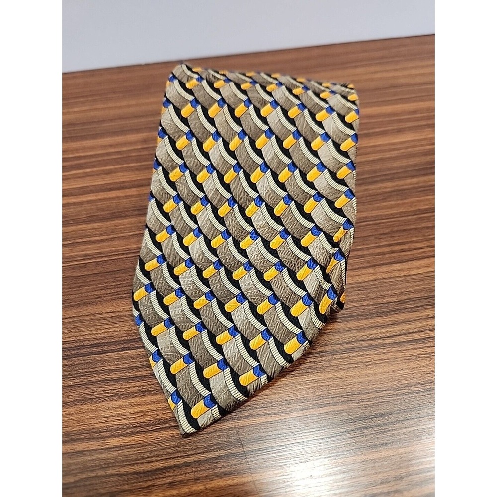 ROBERT TALBOTT Studio Mens 100% Silk Necktie USA Designer Geometric Brown Blue
